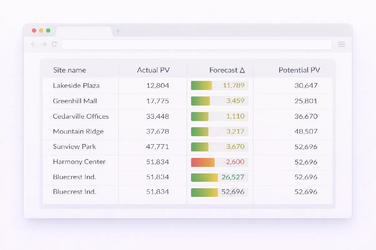 Performance analytics chart benchmarking sites and flagging underperformers